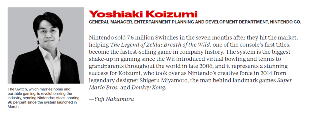 Bloomberg honors Nintendo's general manager, Yoshiaki Koizumi by featuring him on their list of most influential people for 2017.